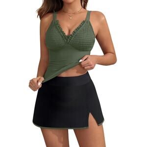 BMJL Women Tankini Swimsuit Green Black Swim Dress Skirted Size M NWT